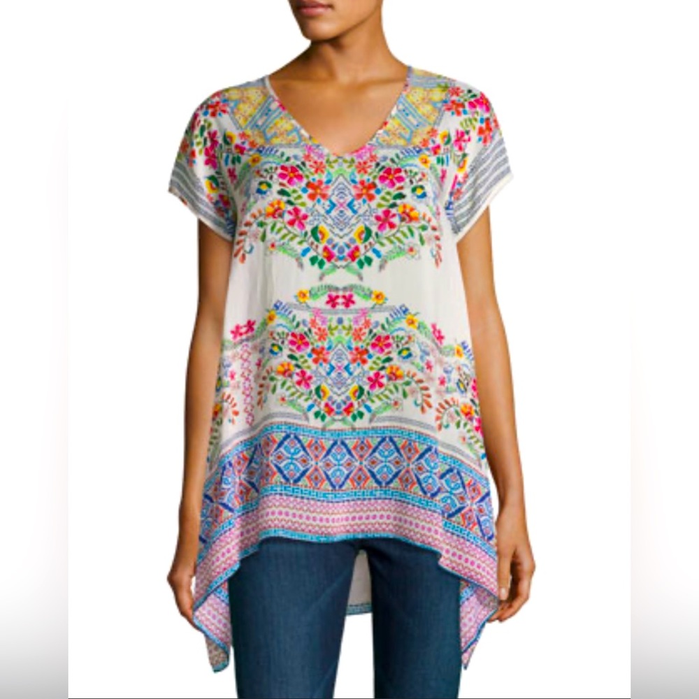 Johnny Was Cream Embroidered V-Neck Floral Tunic